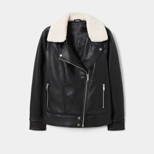 Mango Violeta Faux Shearling Collar Leather Jacket